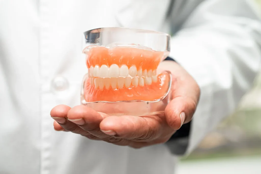 Dentures in Billings MT shown as a full denture model held by a dentist at Big Sky Family Dental